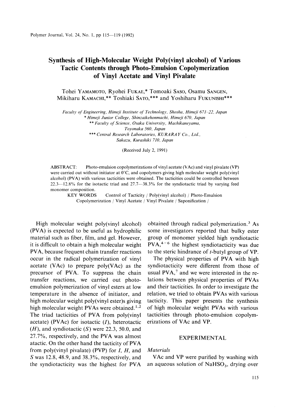 Synthesis of High-Molecular Weight Poly(Vinyl Alcohol) of Various Tactic Contents Through Photo-Emulsion Copolymerization of Vinyl Acetate and Vinyl Pivalate