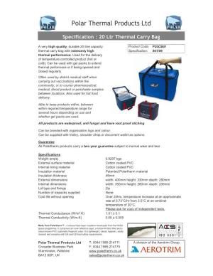 Polar 20Ltr Thermal Bag Specification 01-09
