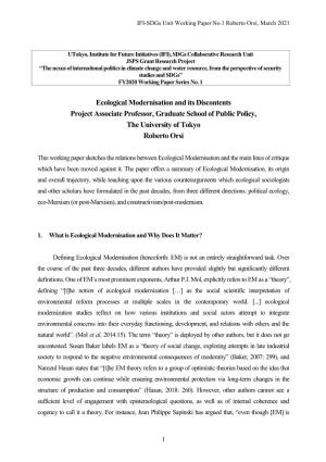 Ecological Modernisation and Its Discontents Project Associate Professor, Graduate School of Public Policy, the University of Tokyo Roberto Orsi