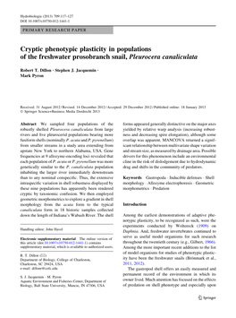 Cryptic Phenotypic Plasticity in Populations of the Freshwater Prosobranch Snail, Pleurocera Canaliculata