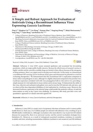 A Simple and Robust Approach for Evaluation of Antivirals Using a Recombinant Inﬂuenza Virus Expressing Gaussia Luciferase