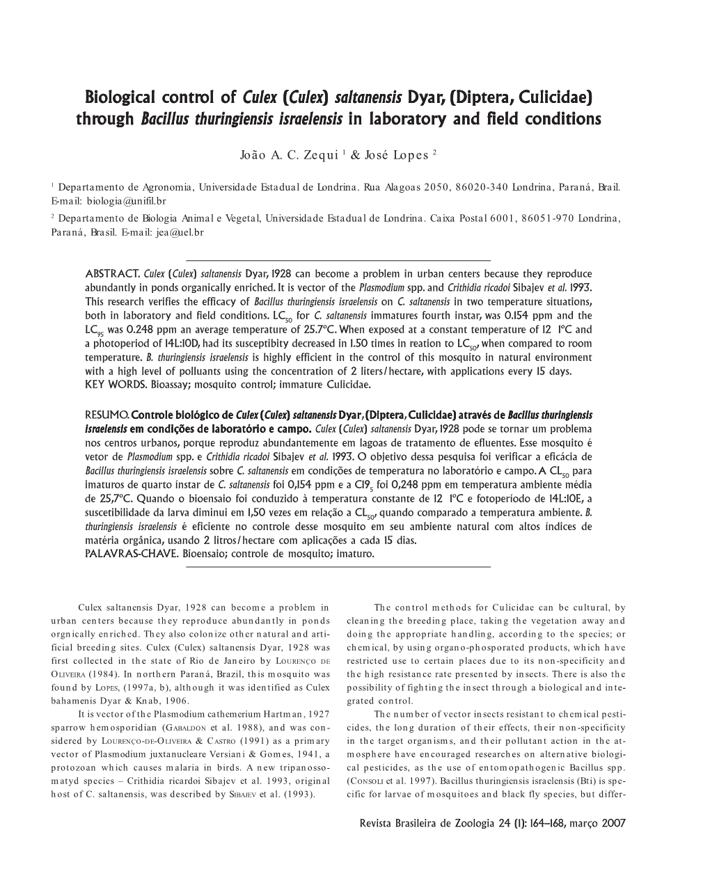 Diptera, Culicidae) Through Bacillus Thuringiensis Israelensis in Laboratory and Field Conditions