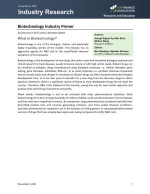 Biotechnology Industry Primer Industry Research Research and Education