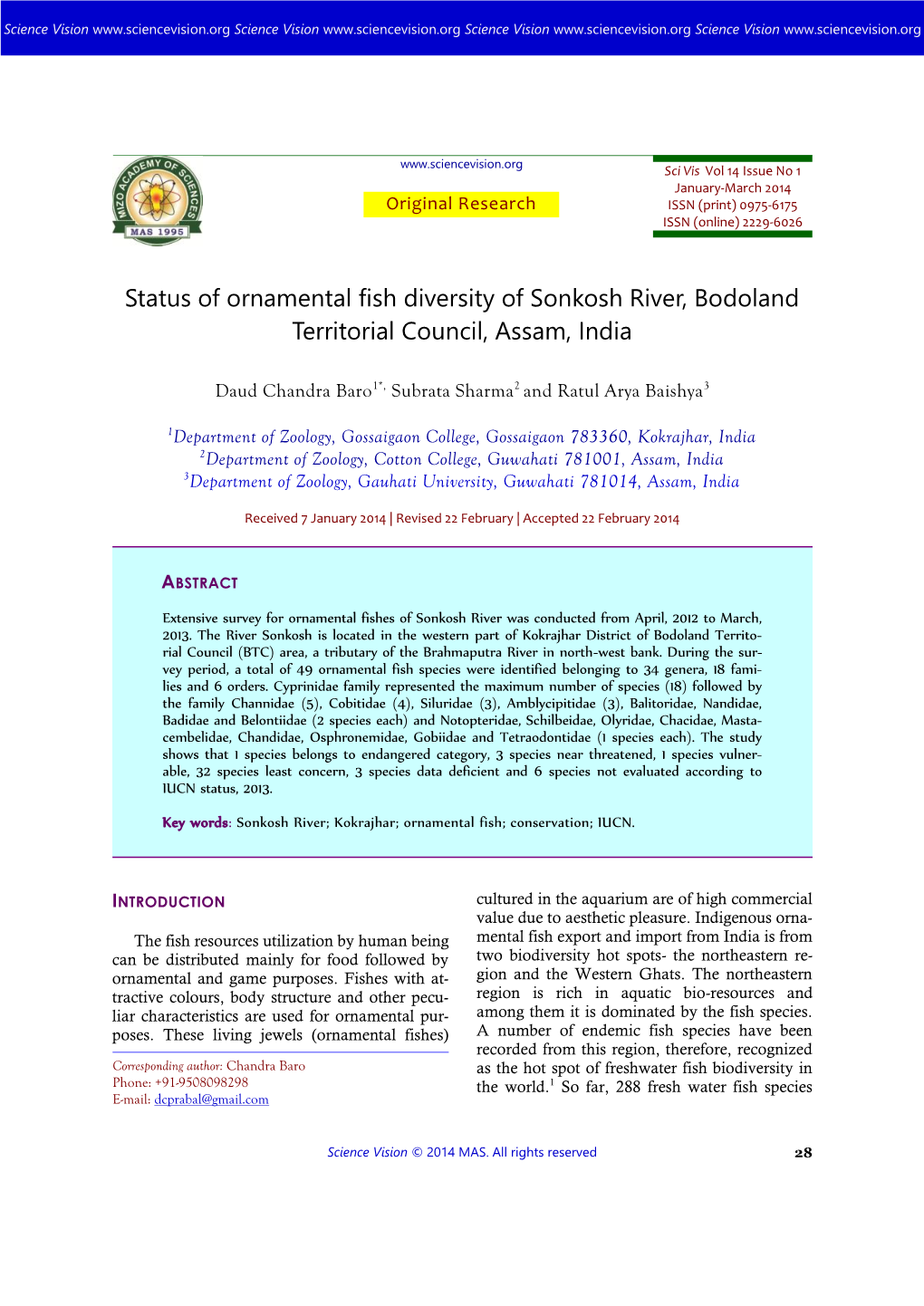 Status of Ornamental Fish Diversity of Sonkosh River, Bodoland Territorial Council, Assam, India