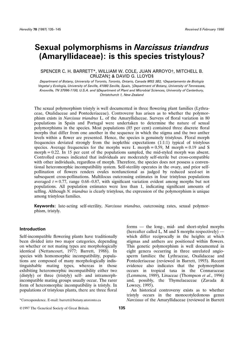 Sexual Polymorphisms in Narcissus Triandrus (Amaryllidaceae): Is This Species Tristylous?