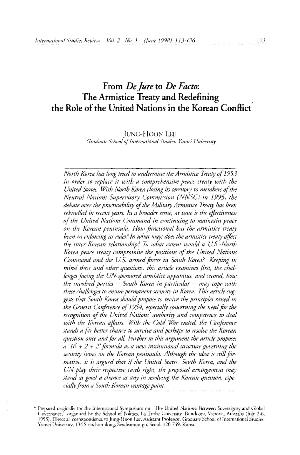 From De Jure to De Facto: the Armistice Treaty and Redefining * the Role of the United Nations in the Korean Conflict