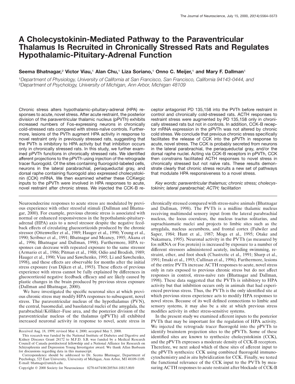 A Cholecystokinin-Mediated Pathway to the Paraventricular Thalamus Is Recruited in Chronically Stressed Rats and Regulates Hypothalamic-Pituitary-Adrenal Function