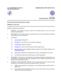 U.S. DEPARTMENT of HEALTH COMMISSIONED CORPS INSTRUCTION and HUMAN SERVICES CCI 413.01 EFFECTIVE DATE: 29 July 2020 by Orde