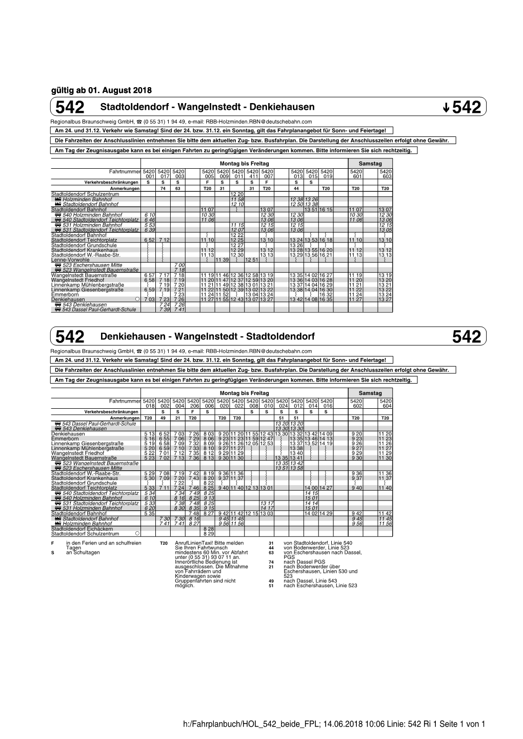 542 Stadtoldendorf - Wangelnstedt - Denkiehausen 542 Regionalbus Braunschweig Gmbh, ` (0 55 31) 1 94 49, E-Mail: RBB-Holzminden.RBN@Deutschebahn.Com Am 24