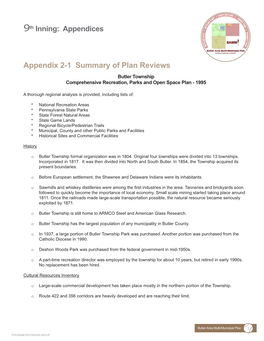 Appendix 2-1 Summary of Plan Reviews Butler Township Comprehensive Recreation, Parks and Open Space Plan - 1995