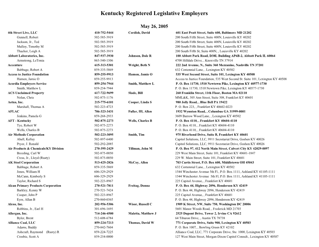 Kentucky Registered Legislative Employers