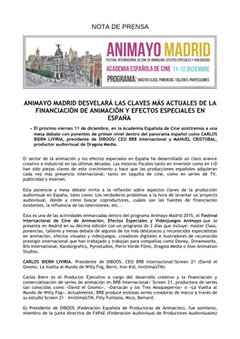 Nota De Prensa Animayo Madrid Desvelará Las Claves Más Actuales De La Financiación De Animación Y Efectos Especiales En Espa
