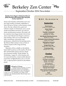 Berkeley Zen Center September-October 2016 Newsletter