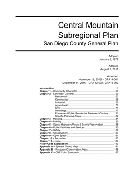 Central Mountain Subregional Plan San Diego County General Plan