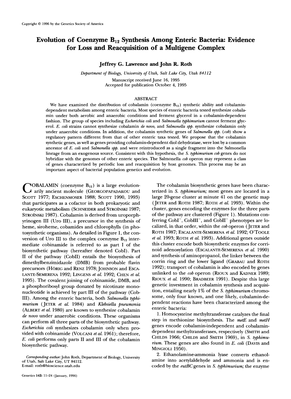 Evolution of Coenzyme BI2 Synthesis Among Enteric Bacteria