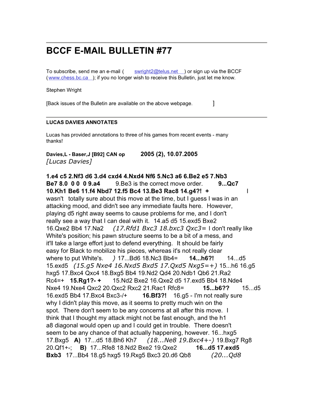 Bccf E-Mail Bulletin #77