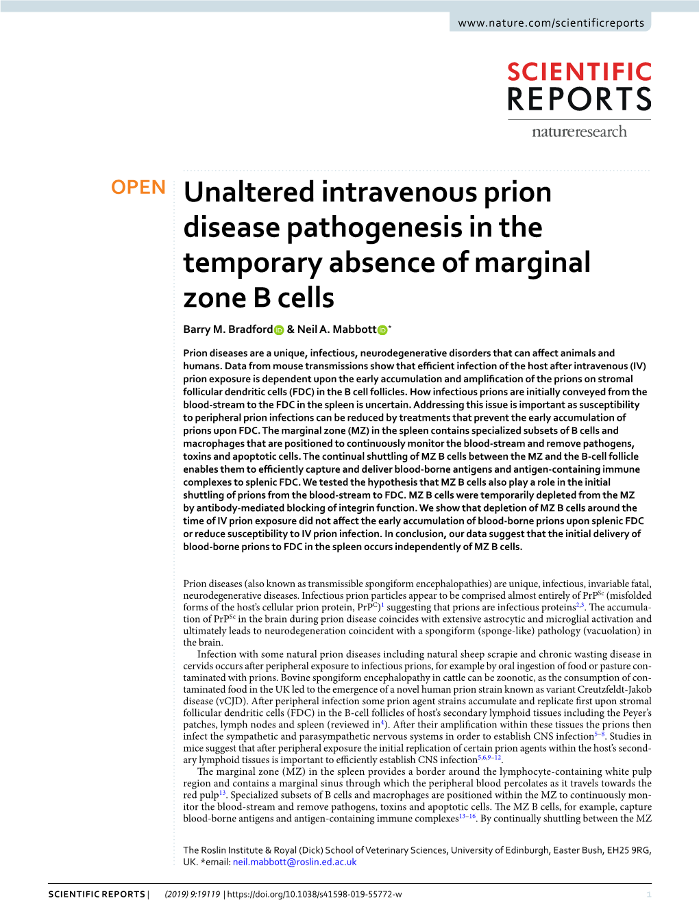 Unaltered Intravenous Prion Disease Pathogenesis in the Temporary Absence of Marginal Zone B Cells Barry M