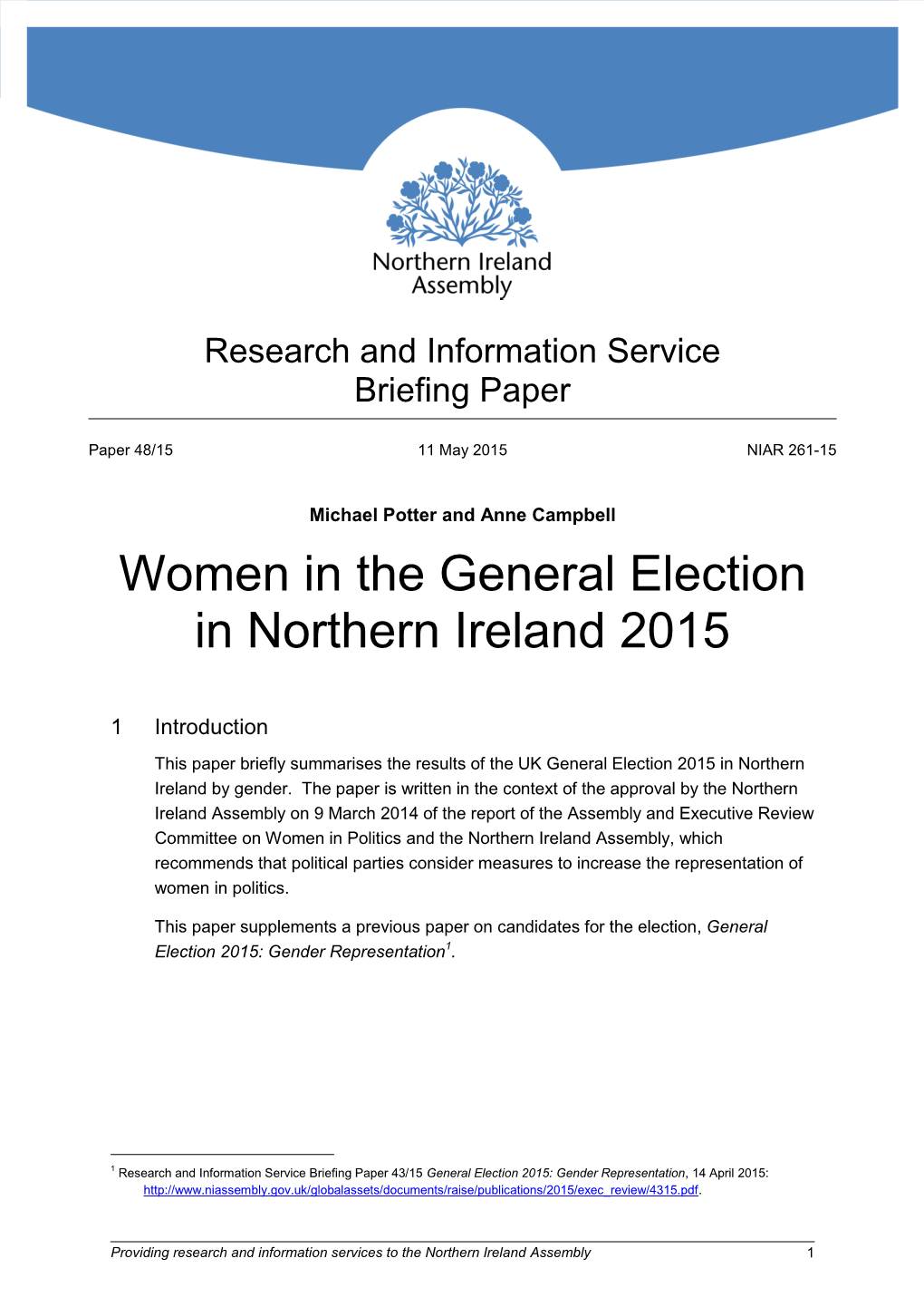 Women in the General Election in Northern Ireland 2015