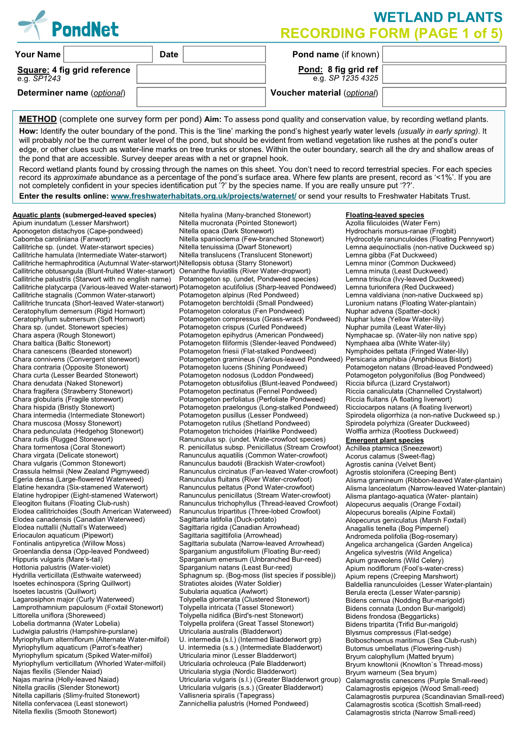 Pondnet RECORDING FORM (PAGE 1 of 5)