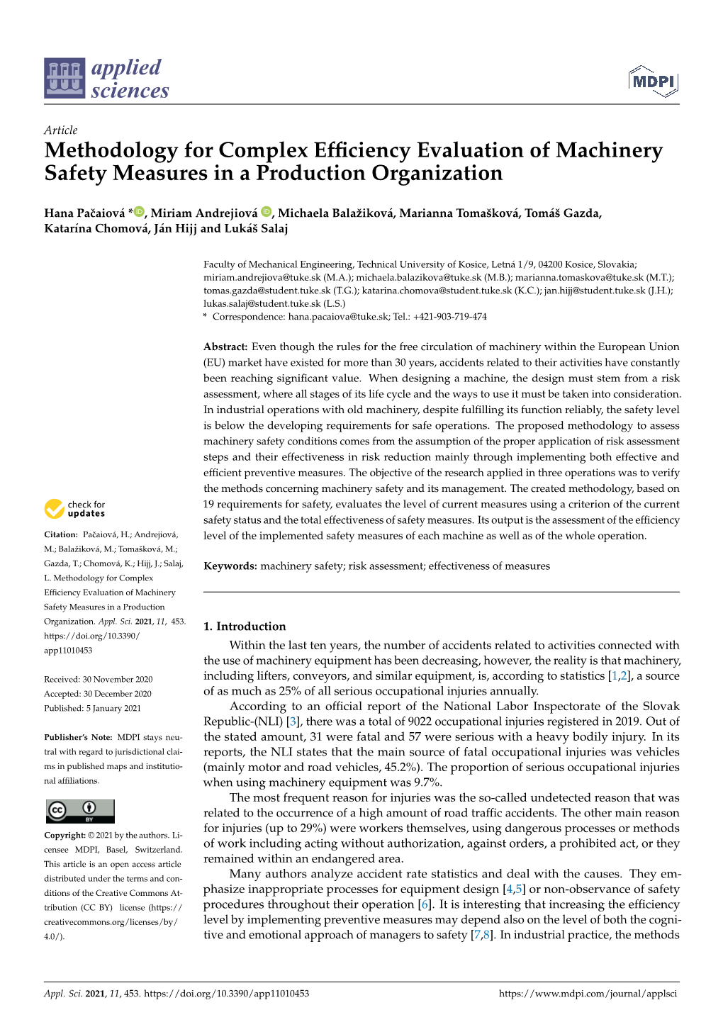 Methodology for Complex Efficiency Evaluation of Machinery Safety