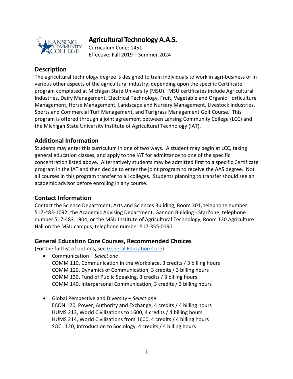 Agricultural Technology A.A.S. COMMUNITY Curriculum Code: 1451 COLLEGE Effective: Fall 2019 – Summer 2024