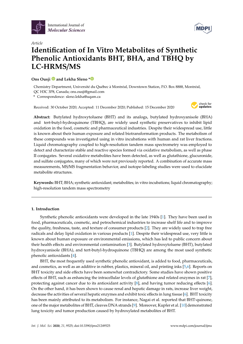 Identification of in Vitro Metabolites of Synthetic Phenolic Antioxidants