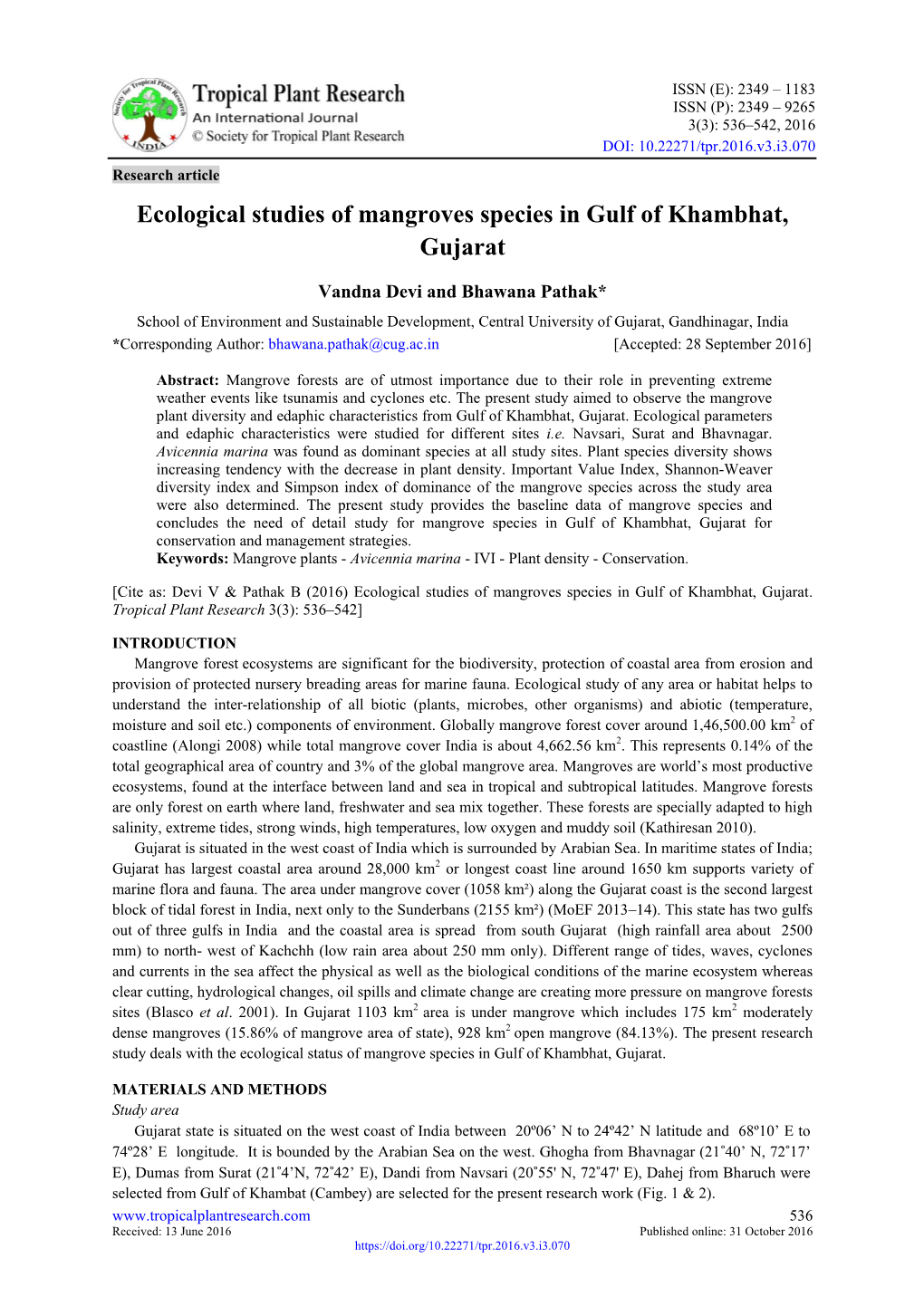 Ecological Studies of Mangroves Species in Gulf of Khambhat, Gujarat