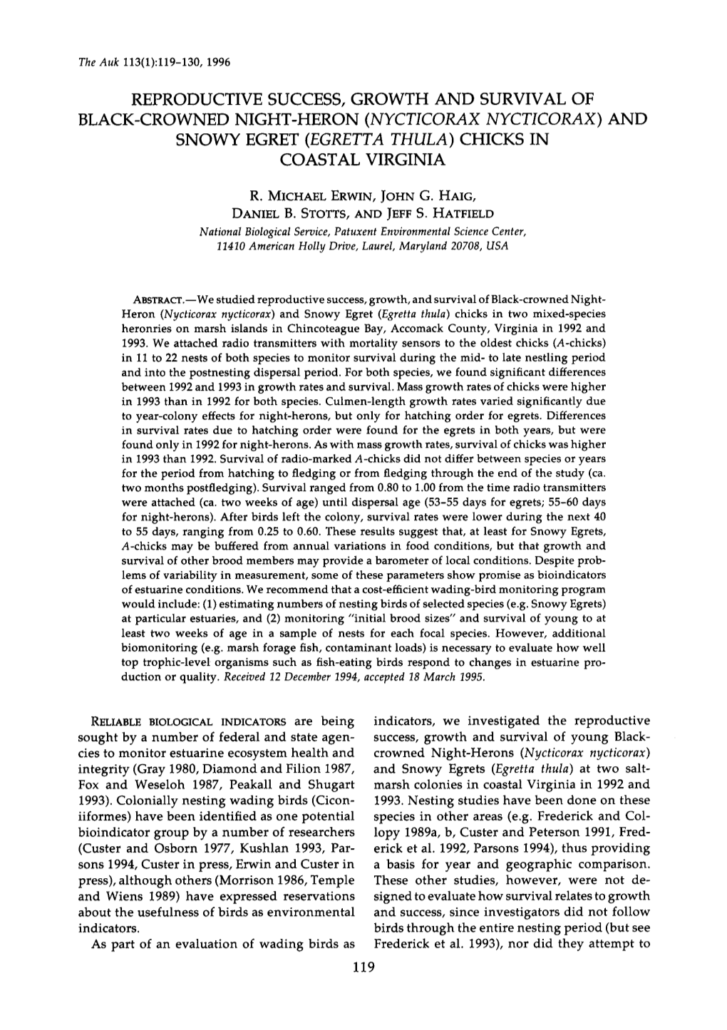 Reproductive Success, Growth and Survival of Black-Crowned Night-Heron (Nycticorax Nycticorax) and Snowy Egret (Egretta Thula) Chicks in Coastal Virginia