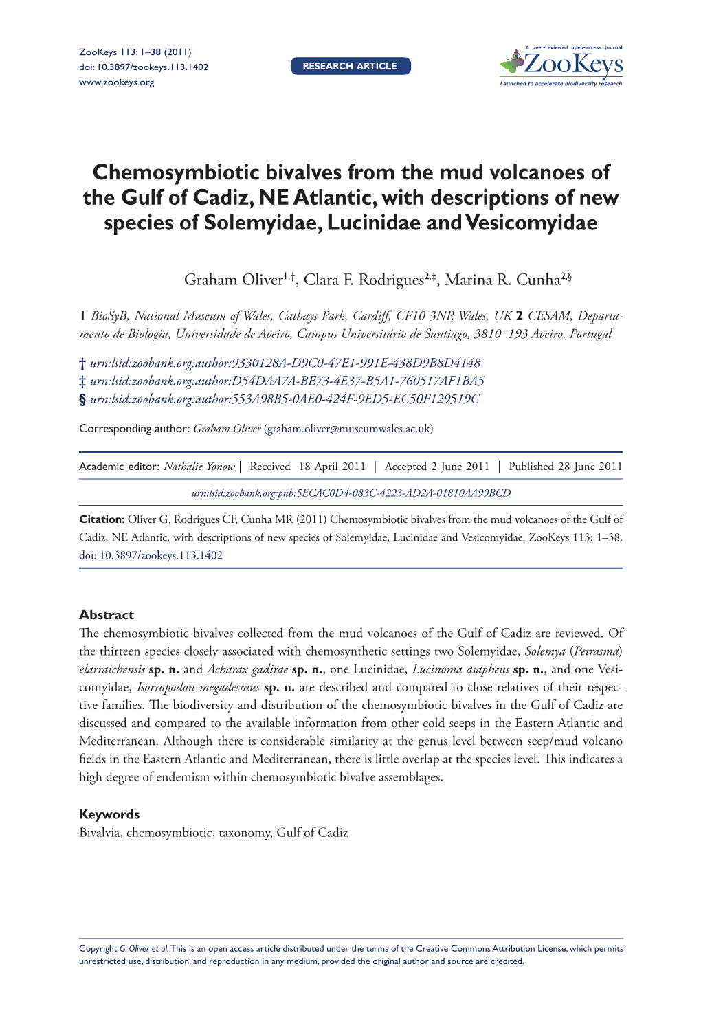 Chemosymbiotic Bivalves from the Mud Volcanoes of the Gulf of Cadiz, NE Atlantic, with Descriptions of New Species of Solemyidae, Lucinidae and Vesicomyidae
