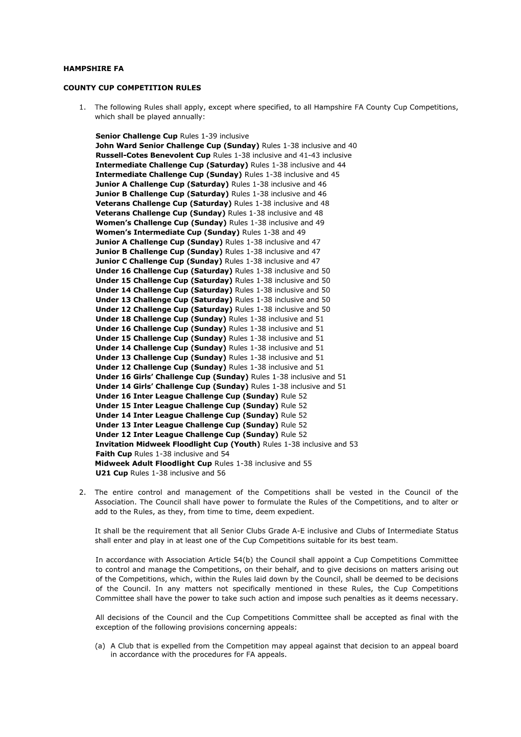 HAMPSHIRE FA COUNTY CUP COMPETITION RULES 1. The