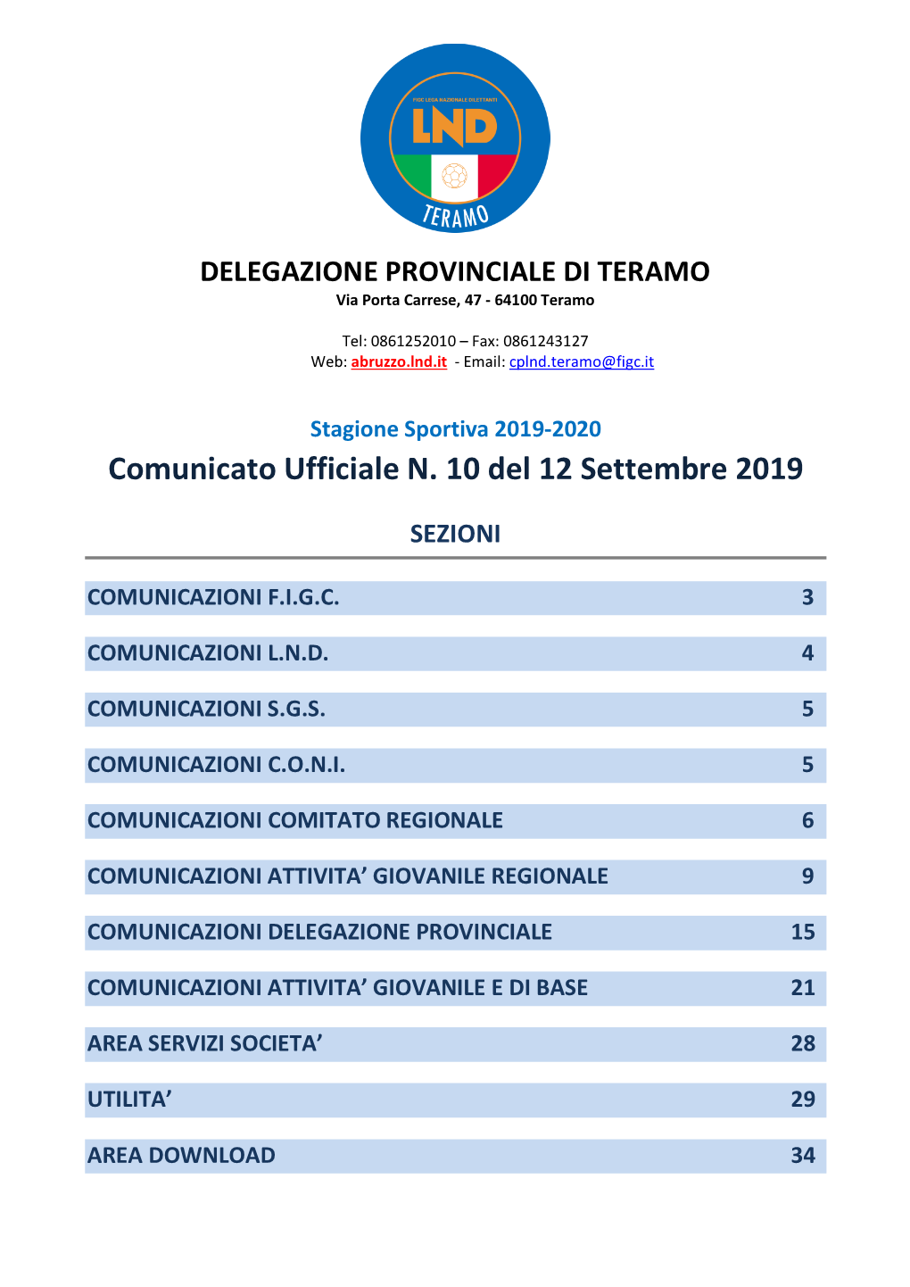 Comunicato Ufficiale N. 10 Del 12 Settembre 2019