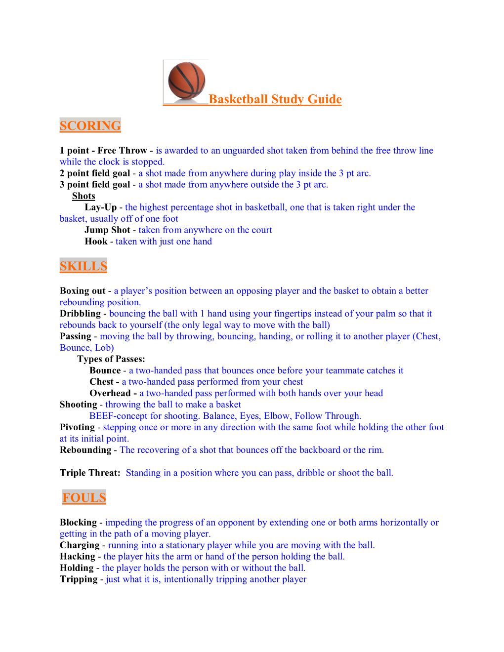 Basketball Study Guide SCORING SKILLS FOULS
