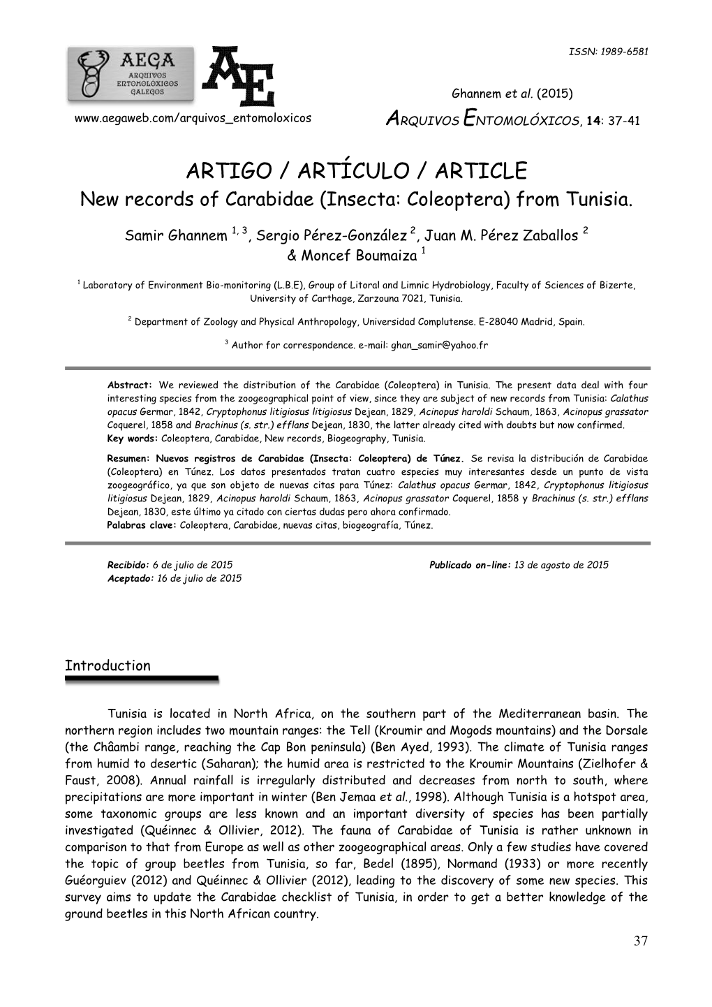 ARTIGO / ARTÍCULO / ARTICLE New Records of Carabidae (Insecta: Coleoptera) from Tunisia