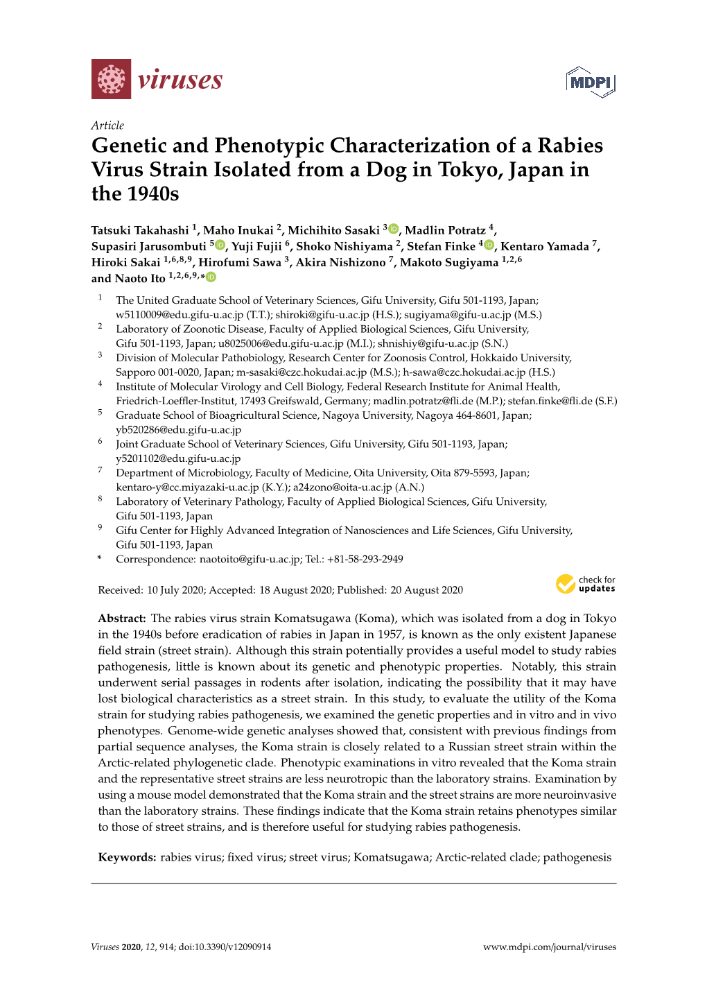 Genetic and Phenotypic Characterization of a Rabies Virus Strain Isolated from a Dog in Tokyo, Japan in the 1940S