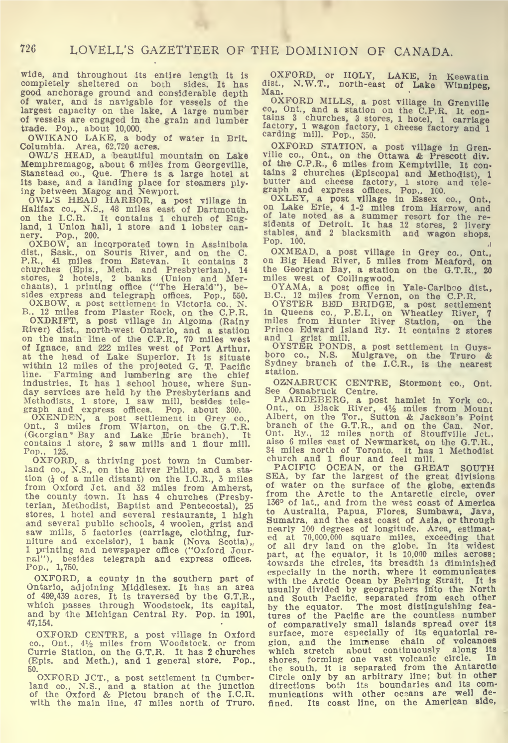 LOVELL's GAZETTEER of the DOMINION of CANADA. Wide, and Throughout Its Entire Length It Is OXFORD, Or HOLY, LAKE, in Keewatin Completely Sheltered on Both Sides