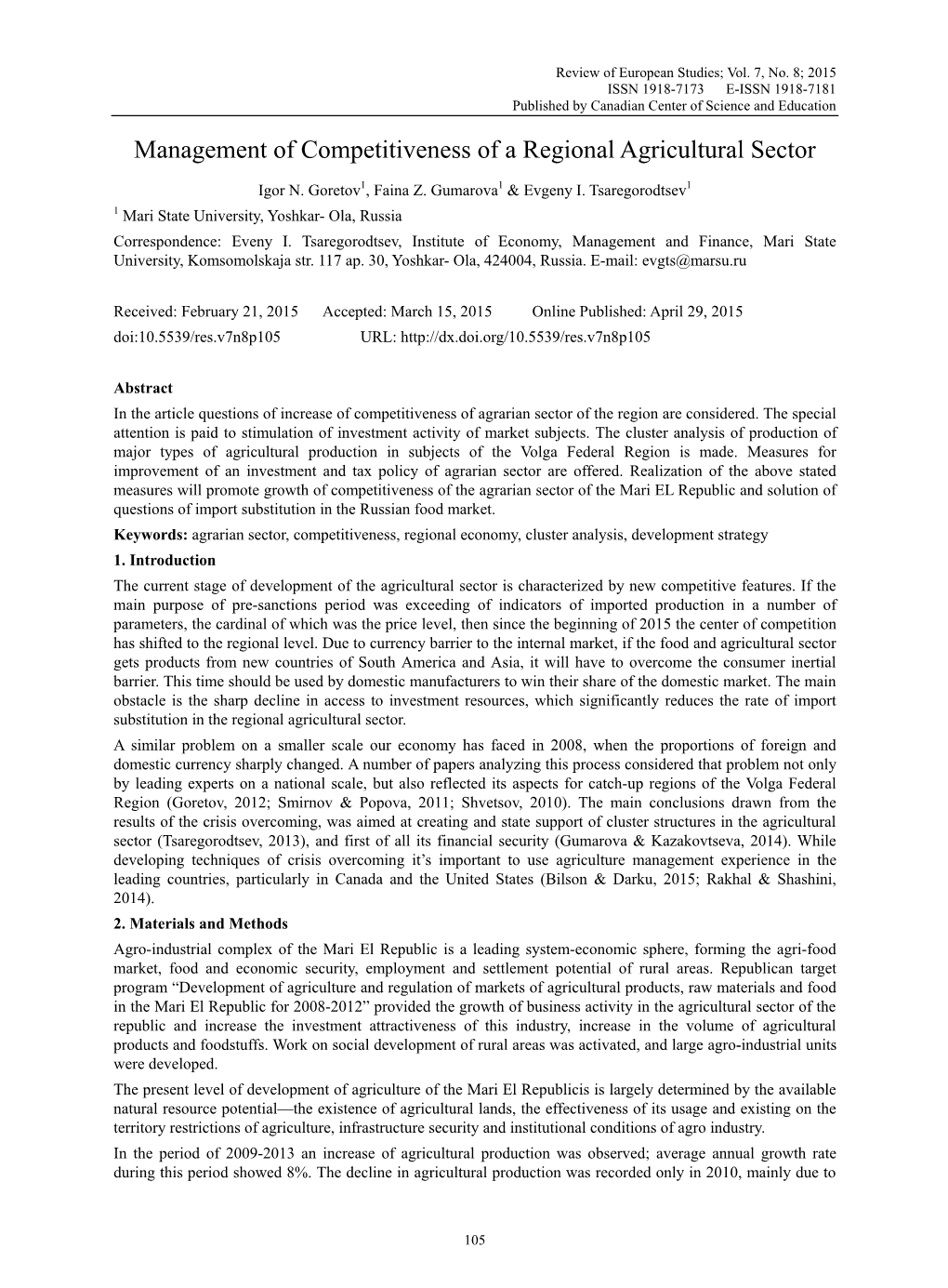 Management of Competitiveness of a Regional Agricultural Sector