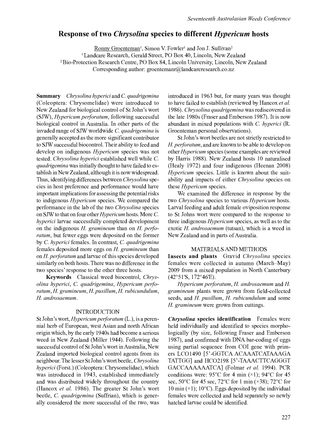 Response of Two Chrysolina Species to Different Hypericum Hosts