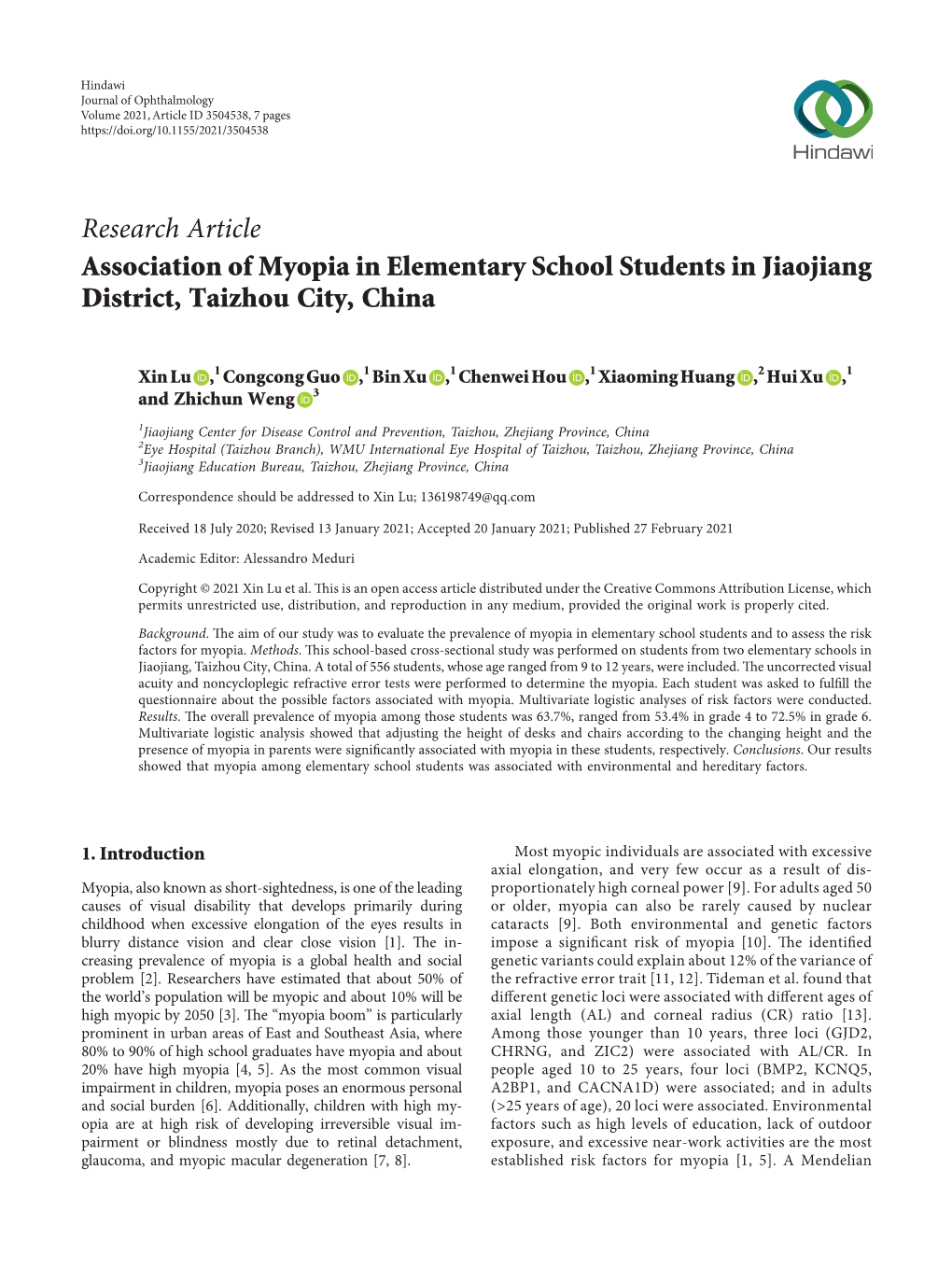 Association of Myopia in Elementary School Students in Jiaojiang District, Taizhou City, China