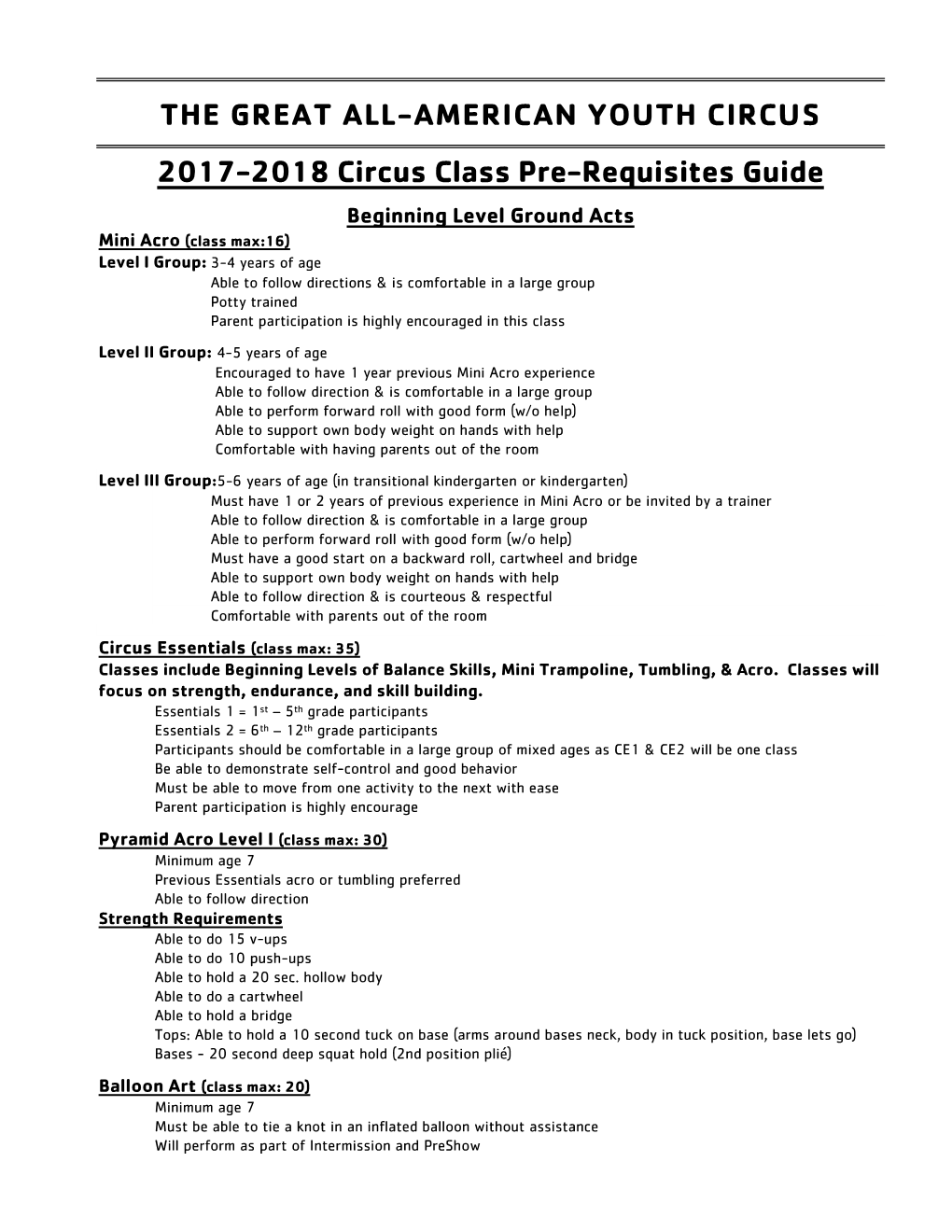 2009-2010 Circus Classes Pre-Requisites