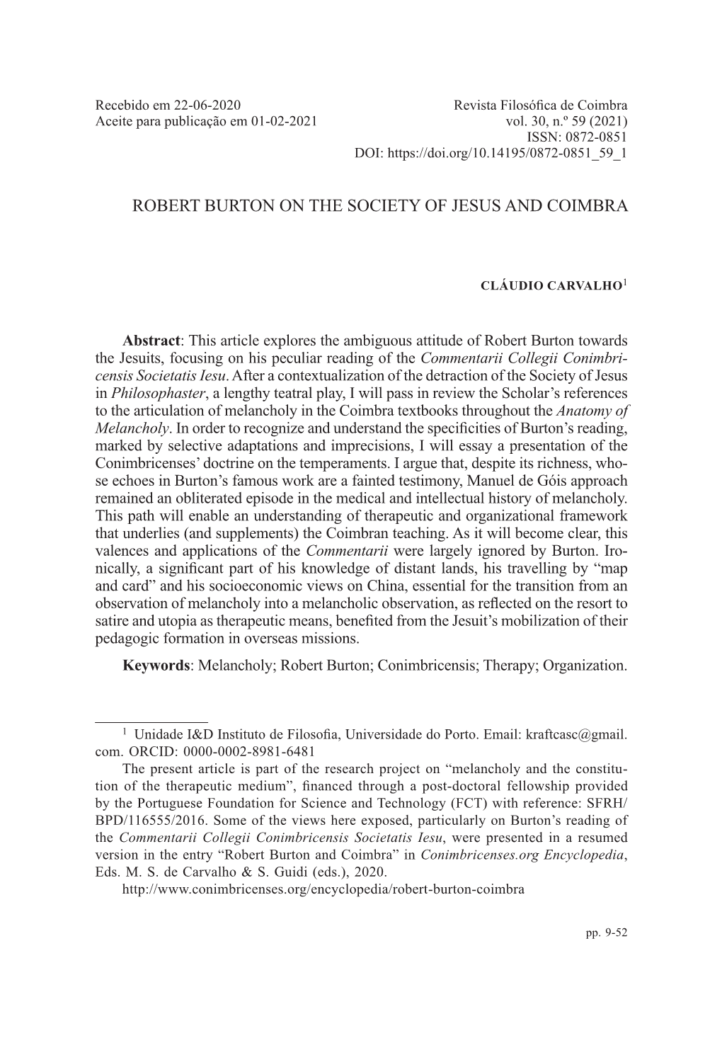 Robert Burton on the Society of Jesus and Coimbra