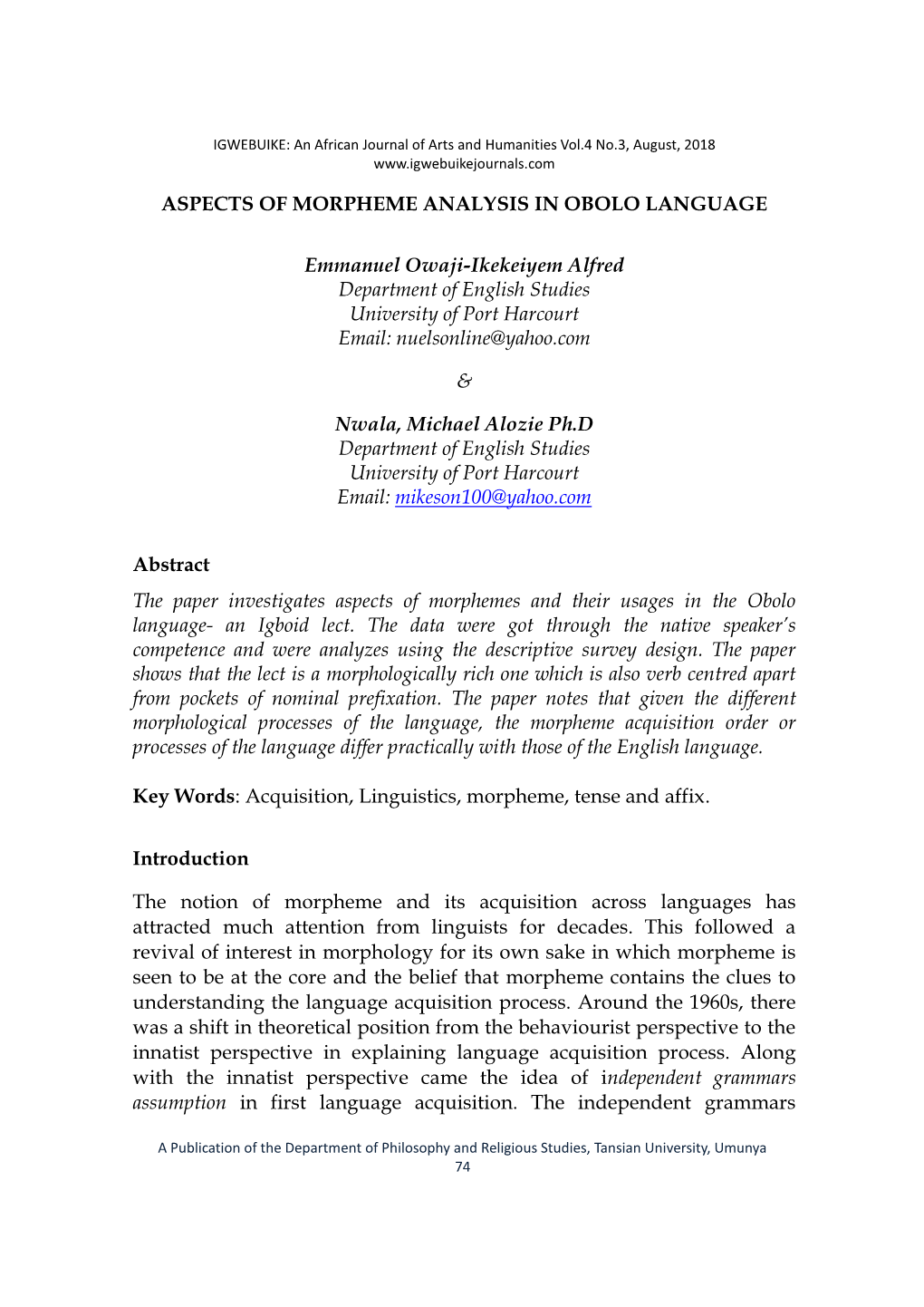 Aspects of Morpheme Analysis in Obolo Language