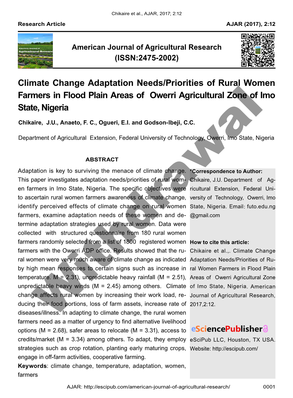 Climate Change Adaptation Needs/Priorities of Rural Women Farmers in Flood Plain Areas of Owerri Agricultural Zone of Imo State, Nigeria