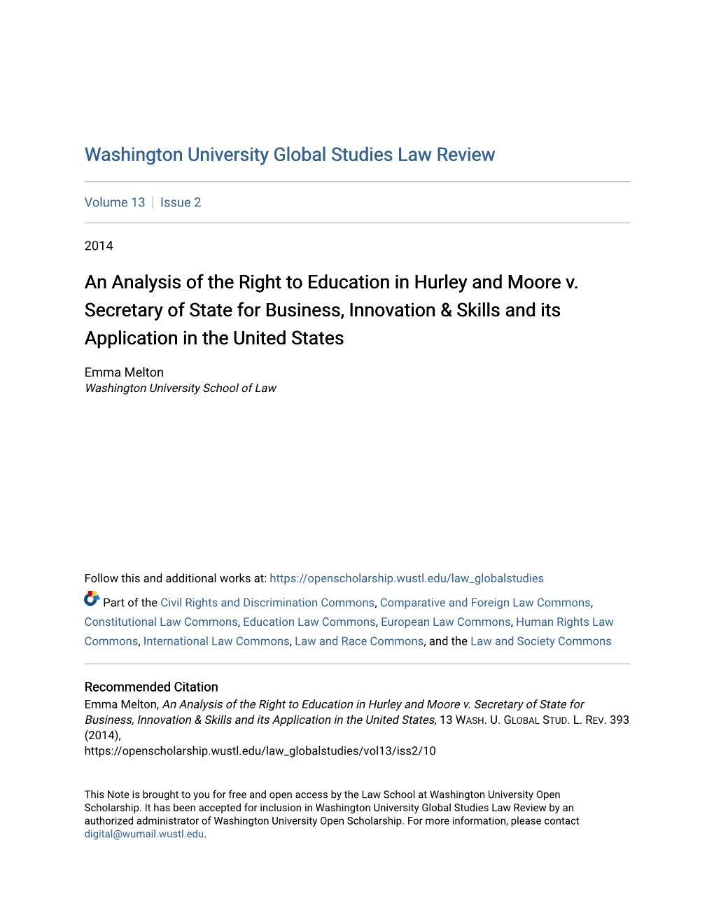 An Analysis of the Right to Education in Hurley and Moore V. Secretary of State for Business, Innovation & Skills and Its Application in the United States