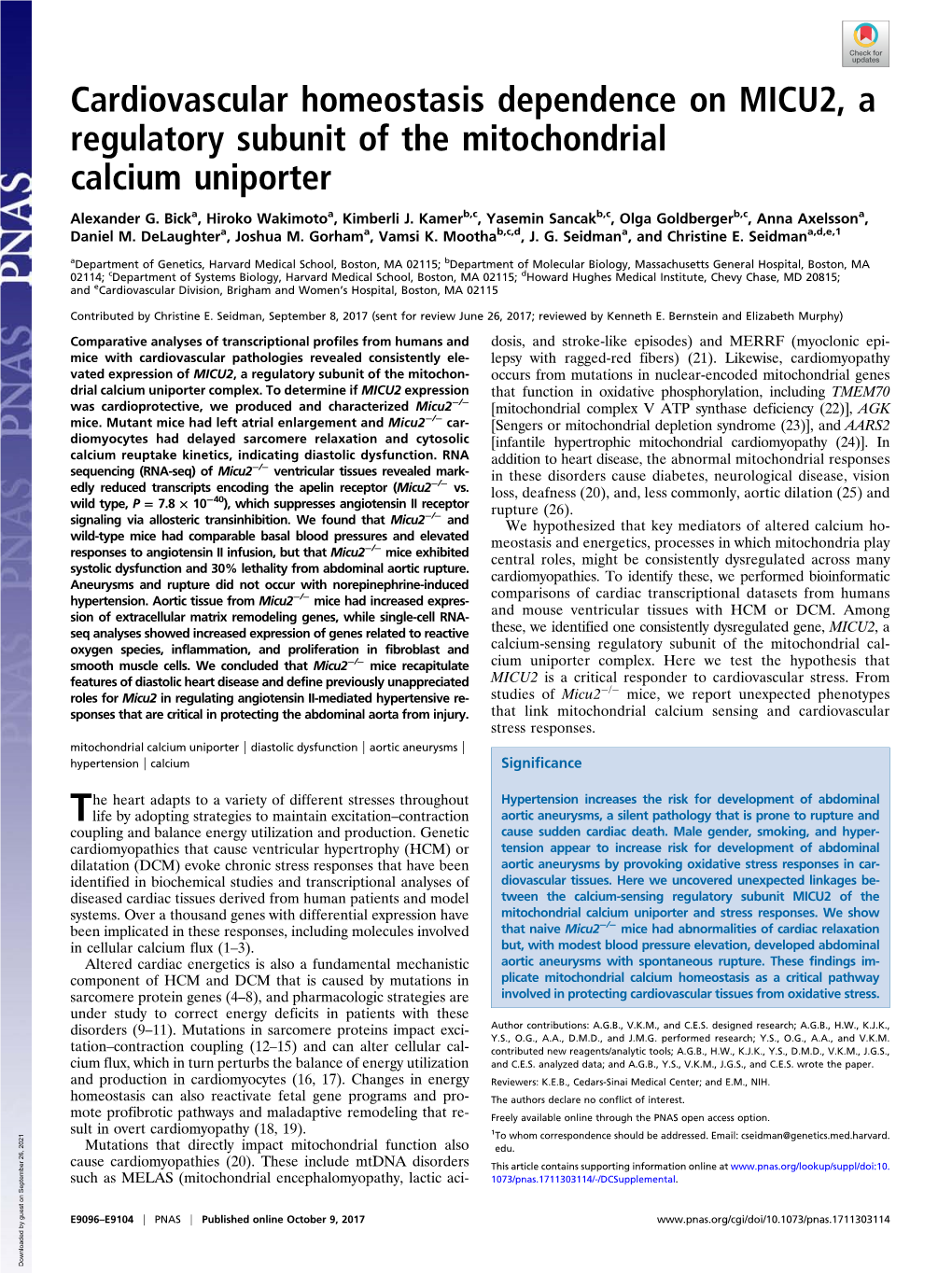 Cardiovascular Homeostasis Dependence on MICU2, a Regulatory Subunit of the Mitochondrial Calcium Uniporter