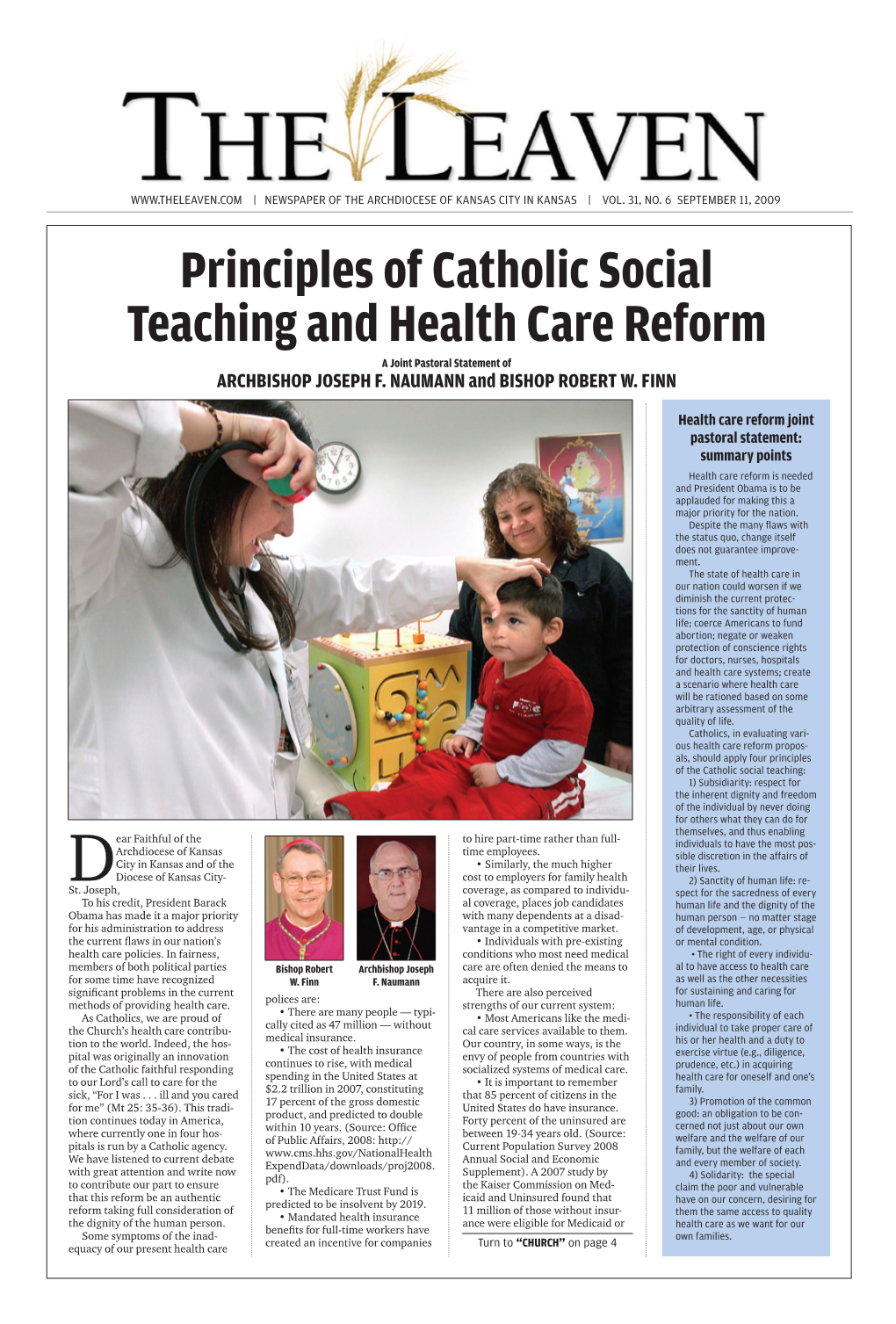 Principles of Catholic Social Teaching and Health Care Reform a Joint Pastoral Statement of Archbishop Joseph F