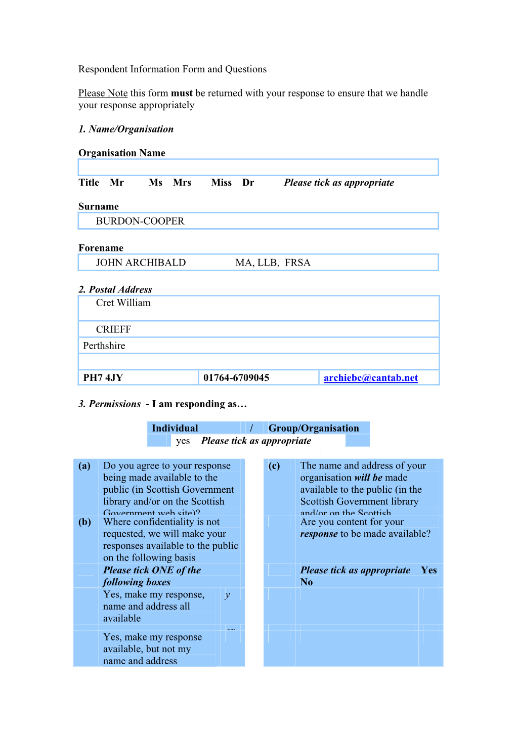 Respondent Information Form and Questions