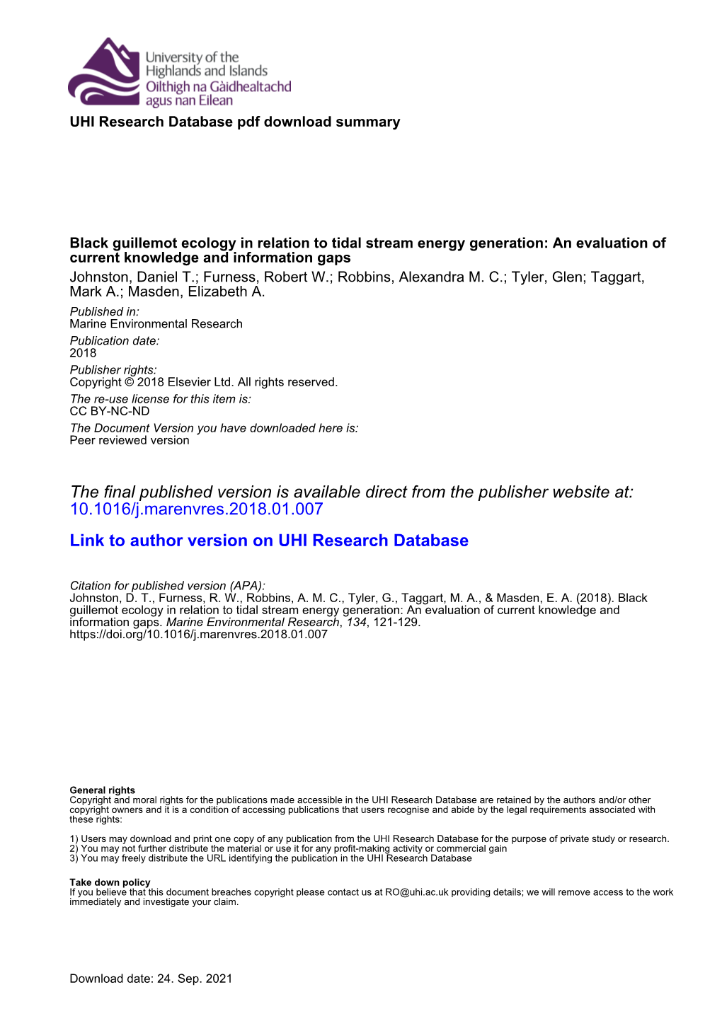 Black Guillemot Ecology in Relation to Tidal Stream Energy Generation: An