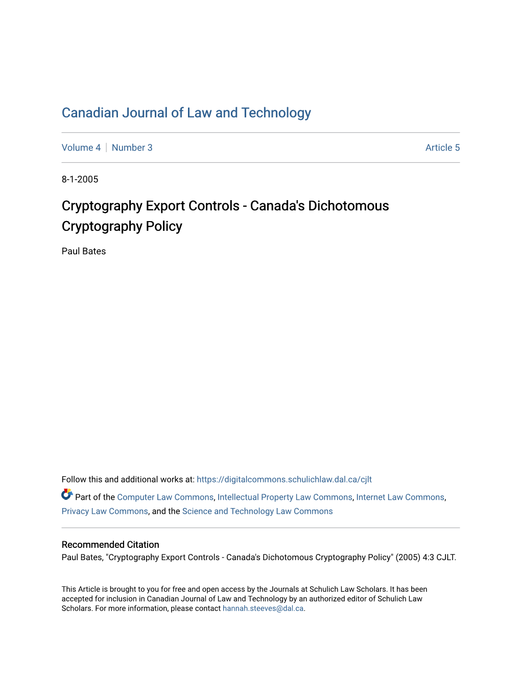 Cryptography Export Controls - Canada's Dichotomous Cryptography Policy