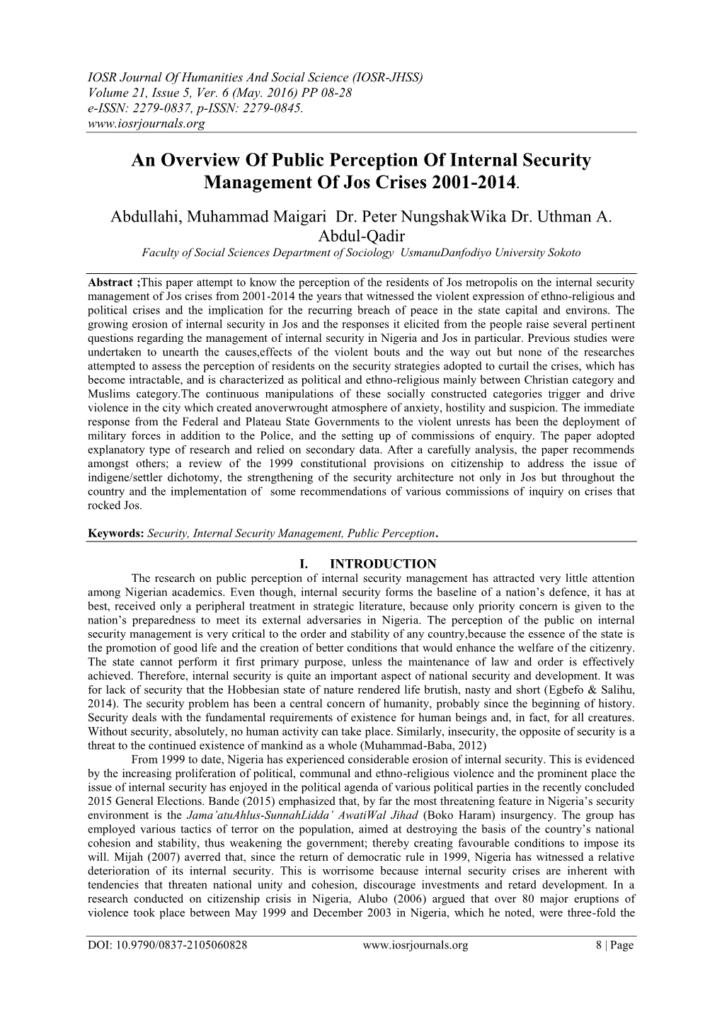 An Overview of Public Perception of Internal Security Management of Jos Crises 2001-2014