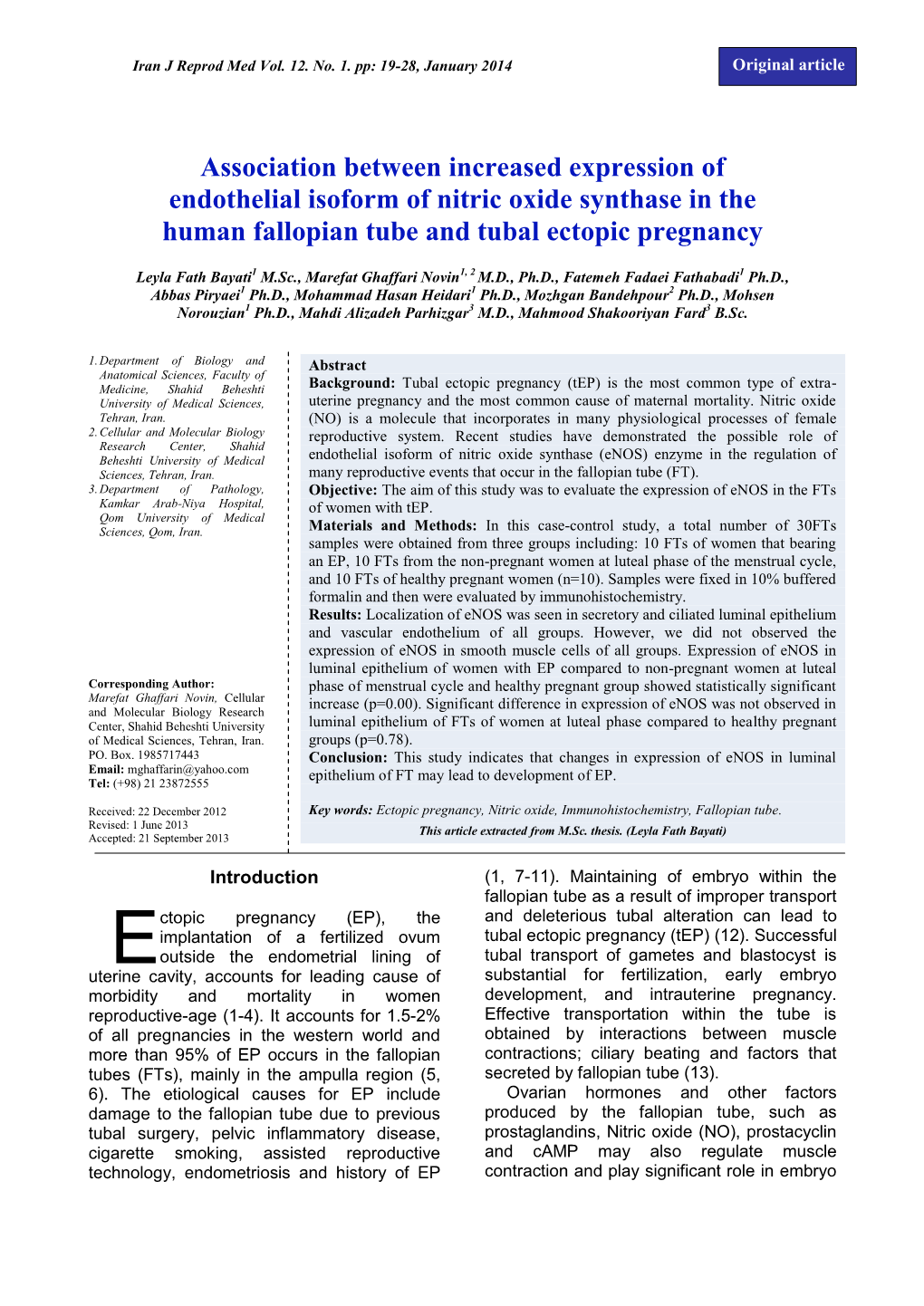 Association Between Increased Expression of Endothelial Isoform of Nitric Oxide Synthase in the Human Fallopian Tube and Tubal Ectopic Pregnancy